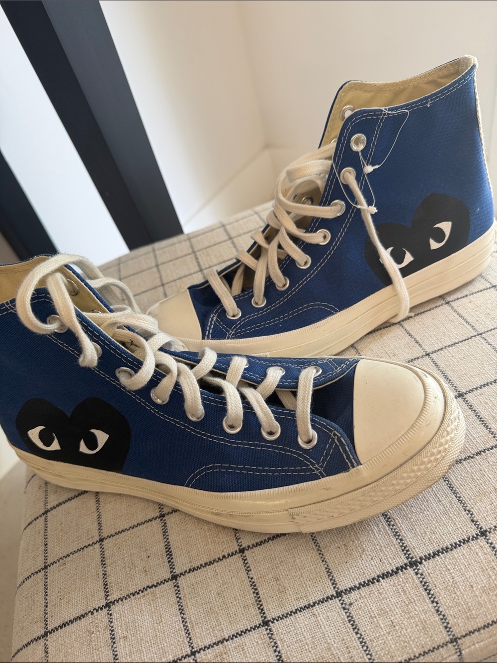 Comme des Garcons Blue High-Top Sneakers with Black Heart Eyes. 💙🖤